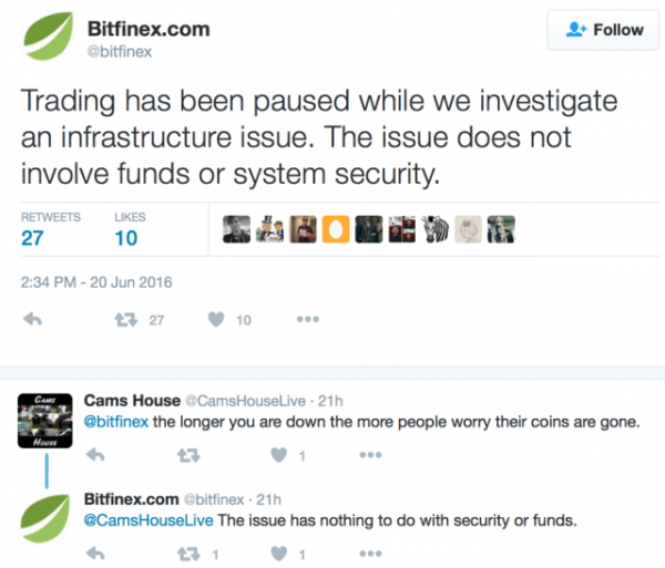 Bitfinex 因设施调查暂停交易，比特币价格暴跌 10%